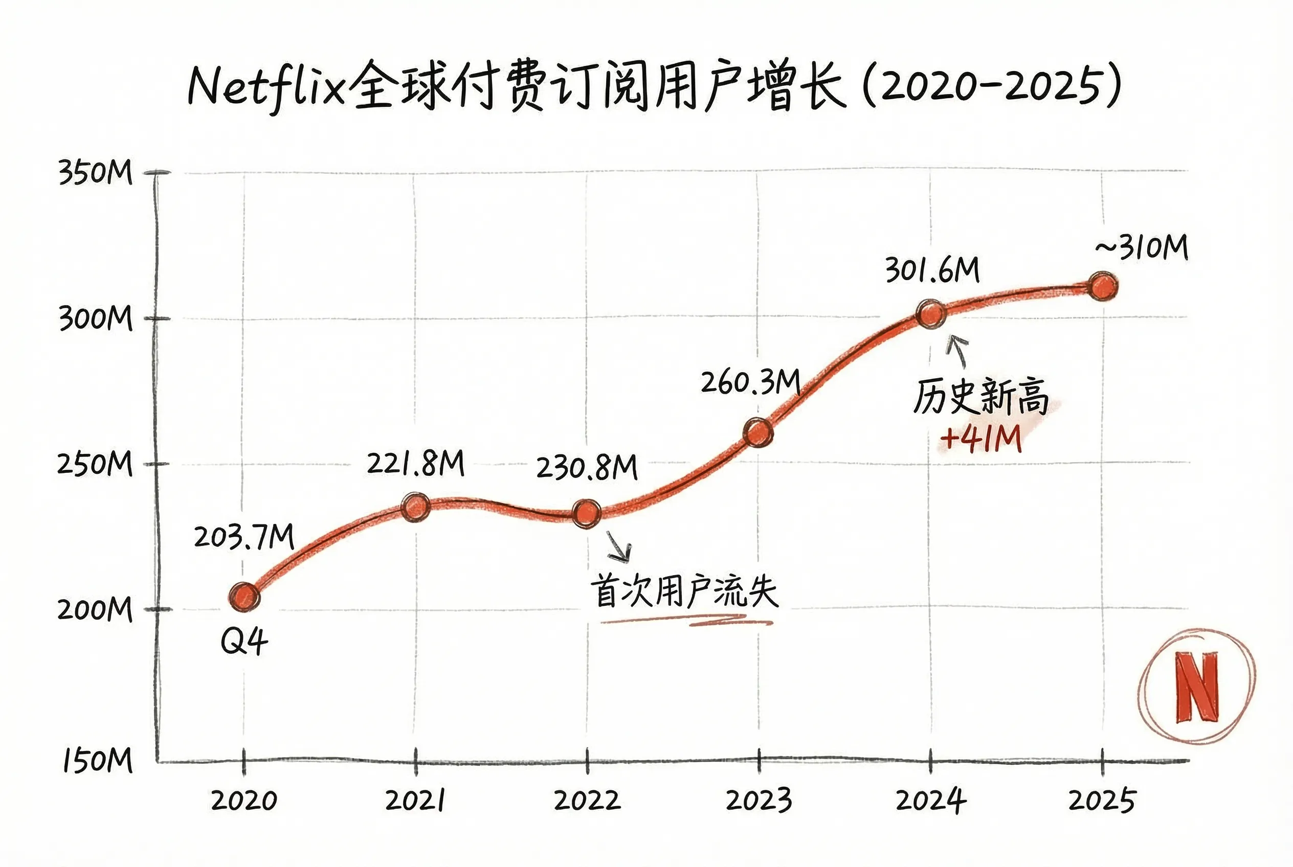 Netflix全球付费订阅用户增长图-白底版